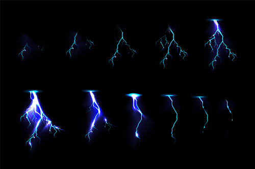 Sprite sheet with lightnings, thunderbolt strikes set for game fx animation. Vector realistic set of blue electric impact at night, sparking discharge of thunderstorm isolated on black background