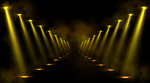 Corridor illuminated by spotlights. Empty road or gallery with yellow beams of lamps and spots of light on floor. Vector realistic interior of dark hall, studio or theater stage with projectors rays