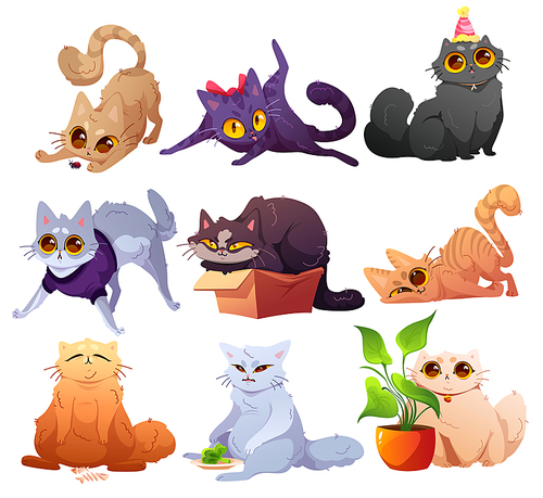 cute cats and kittens, pets in different poses. vector cartoon set of funny kitties characters sitting in box, licking itself, scared, hunting beetle, on weight loss, with house plant, and in party hat