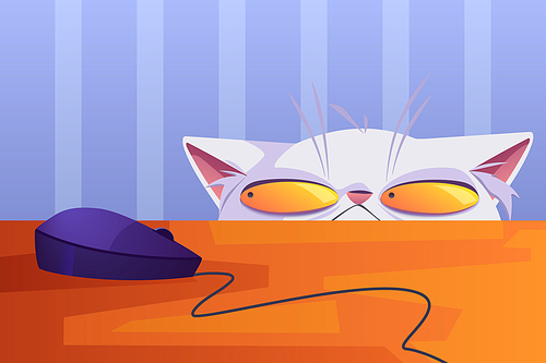 Cat hunt on computer mouse lying on table. Cartoon curious pet with white fur and squinted yellow eyes peeping out from under the table looking on electronic device from laptop, Vector illustration