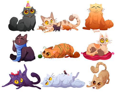 Cute cats, fluffy pets in different poses. Vector cartoon set of funny kittens characters licking itself, entangled in yarn, hunting beetle, lying on pillow, in party hat, yawn and mother with kitties