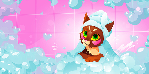 Cute cat in bath in pet grooming salon. Vector cartoon illustration of domestic animal spa, kitten wash. Beautiful cat bathe with soap foam and towel on head