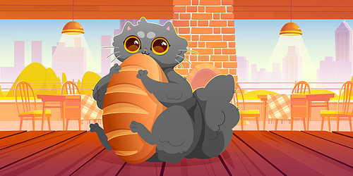 Cute cat eat bread sitting on wooden table in bakery. Vector cartoon illustration of cafe interior with brick stove, tables, chairs and fluffy gray kitten with bun. Funny pet with bread loaf