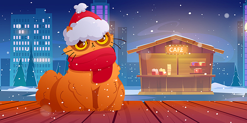 Funny cat in santa hat and scarf at christmas eve. Cute pet sit on wooden desk under falling snow at night street with cafe stall at winter season. Cartoon kitten xmas character, Vector illustration