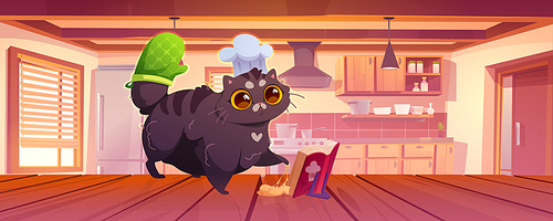 Funny cat cooking on kitchen interior. Cute kitten cartoon character wear chef toque and textile glove on tail stand on wooden table read recipe book with sticky dough on paw, Vector illustration