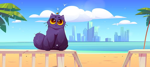 Cute cat sit on wooden terrace fence on sea beach. Vector cartoon illustration of summer tropical landscape with palm trees and black funny furry kitten on railing veranda, city skyline on background