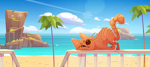 Cute cat rubs against fence on wooden terrace on sea beach. Vector cartoon illustration of summer tropical landscape with palm trees and funny tabby kitten on railing of veranda