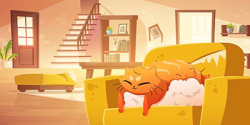 Cute cat sleep on broken sofa with torn upholstery and scratches. Vector cartoon illustration of messy living room with damaged furniture and adorable kitten lying on soft filler of ripped armchair