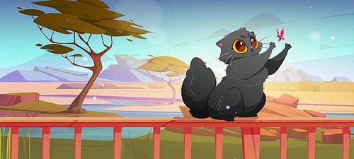 Cute cat playing with butterfly at home terrace sitting on railings at beautiful view of savanna landscape with trees, river and plain. Cartoon kitten catching flying insect, Vector illustration