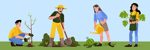 People work in garden, plant trees and flowers, watering. Vector flat illustration of farmers or volunteers gardening on farm, yard or public park. Men and women with houseplant in pot and shovels