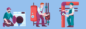 Plumbers service, plumbing maintenance concept. Vector set of flat illustrations with handyman repairs pipes and boiler with wrench, professional repairman fix leakage in washing machine