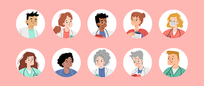 Hospital staff avatars, round icons with diverse healthcare doctors. Young and senior nurse, surgeon or therapist characters in medical robes. Clinic workers Cartoon linear flat vector illustration