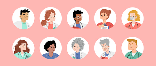 Hospital staff avatars, round icons with diverse healthcare doctors. Young and senior nurse, surgeon or therapist characters in medical robes. Clinic workers Cartoon linear flat vector illustration