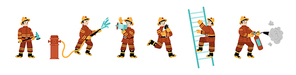 Set of fire fighters kid in uniform fighting with blaze. Boy fireman holding ladder, extinguisher, water hose and axe. Child character save kitten, yell to loudspeaker Linear flat vector illustration