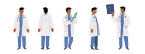Doctor, hospital healthcare staff at work front, side and rear view. Medic male character in white robe with stethoscope on neck take on gloves, hold xray, Cartoon linear flat vector illustration, set
