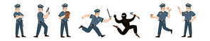 Set of police officer lifestyle, cop at work. Policeman in uniform issue a fine, chase bandit, use gun and eat donut on duty. City patrol constable fight with criminal Linear flat vector illustration