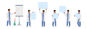 Doctor character make presentation and hold empty banners. Vector flat illustration of medical specialist work in hospital or health clinic. Man in uniform with stethoscope and blank posters