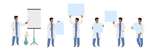 Doctor character make presentation and hold empty banners. Vector flat illustration of medical specialist work in hospital or health clinic. Man in uniform with stethoscope and blank posters
