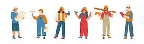 Builders and construction workers in helmets. Vector flat illustration of diverse people working in building industry, men and women architect, painter, engineers and repairman