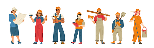 Builders and construction workers in helmets. Vector flat illustration of diverse people working in building industry, men and women architect, painter, engineers and repairman