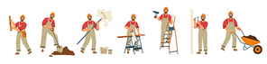 Construction worker, handyman in helmet work with shovel, wheelbarrow, paint roller and level tool. Vector flat illustration of builder character, repairman with hammer and drill