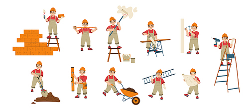 Repair service workers. Builders, repairmen, construction and renovation employees or foreman characters in uniform with professional tools, brick wall, ladder Line art flat vector illustration, set