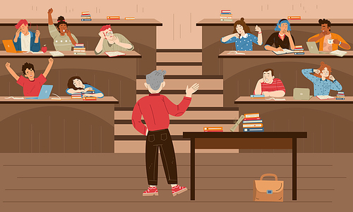 Tired and sleepy students on bored lecture in college or university. Vector flat illustration of class, auditorium with teacher and young people yawn and sleep at desks