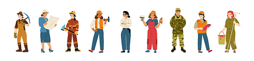 Women professions, female characters occupation, girls wear uniform work architect, firefighter, constructor, police officer, builder, military or security guard, Line art flat vector illustration