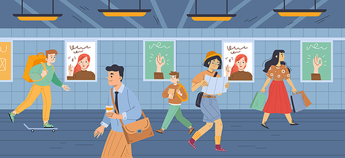 People at subway, underground crossing or metro station. Passerby characters men, women and kids walk through tunnel. Tourist with map, pedestrians, teen on skateboard, Line art vector illustration