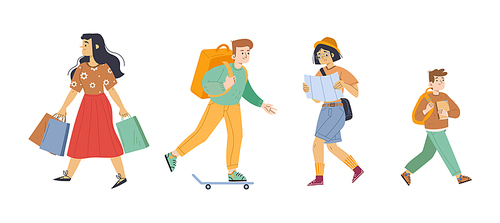 Walking people isolated on white . Girl with bags, woman with map, man with backpack on skateboard and boy student. Vector flat illustration of kid go to school, delivery man, girl tourist