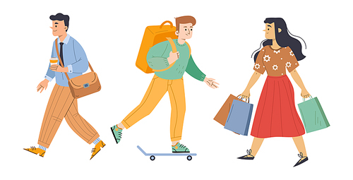 Diverse passerby people walk on city street, student teenager with backpack riding on skateboard, businessman with briefcase, young woman with shopping bags, isolated Line art flat vector illustration