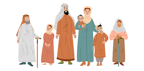 Arab family in traditional saudi clothes. Muslim parents, grandparents and children, young and old characters. Arabic people wear national dress, thawb and hijab, Linear flat vector illustration