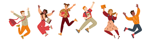 Happy students jump and joy. Group of diverse young people with books and bags have fun together. Vector flat illustration of jumping teens isolated on white 