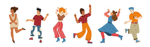 Happy young people dance and joy. Vector flat illustration of diverse excited characters have fun. Positive men and women dancers isolated on white 