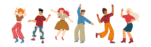 Happy young people dance and joy. Vector flat illustration of diverse excited characters have fun. Positive men and women dancers isolated on white 