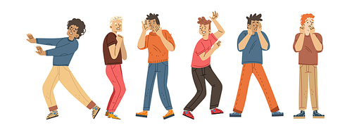 Men characters scared, afraid, terrified. Vector flat illustration of diverse people in panic, shock, with startled and frightened face expression, refuse gesture