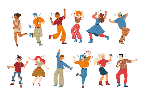 People listen music and dance, set of male and female characters with players and headphones enjoying melodies. Young men and women listening play list, moving body Line art flat vector illustration