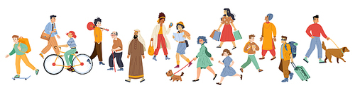 Diverse pedestrian walk, passerby people tourist with bag, businessman, teenager, student or schoolgirl, senior and young characters, arab, men and women dwellers Line art flat vector illustration