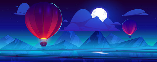 Air balloons flying at night sky with full moon and clouds on mountains background. Aerial flight, midnight travel with beautiful scenery landscape view. Journey, adventure Cartoon vector illustration