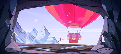 Hot air balloon moored to mountain cave entrance view from inside. Red flying ballon attached with rope to peg at dull sky background with rock peaks. Adventure game scene, Cartoon vector illustration