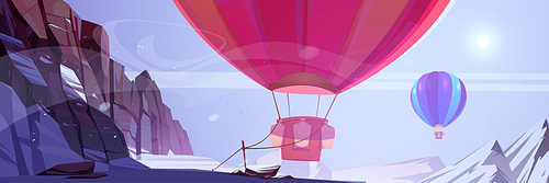 Hot air balloons flying above mountain peaks covered with snow. Winter aerial travel, red balloon moored to rock, blue one floating in heaven, aerostats with baskets flight Cartoon vector illustration