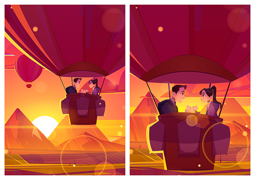 Romantic posters with happy couple in hot air balloon basket at sunset. Vector flyers or greeting cards with cartoon illustration of love girl and man flying in airship above fields and mountains