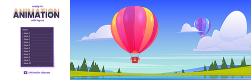 Hot air balloons flying above lake and forest. Vector parallax background ready for 2d animation with cartoon illustration of summer landscape with colorful airships with baskets