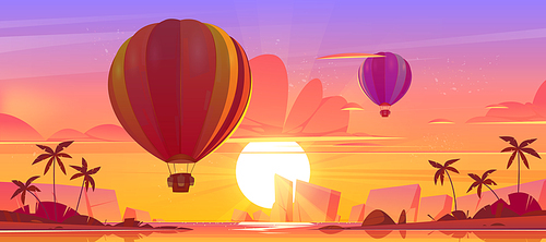 Tropical landscape with flying hot air balloons, sea bay, palm trees and mountains on horizon at sunset. Vector cartoon illustration of airships with baskets fly over lagoon at evening