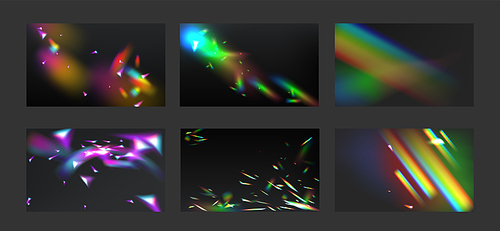 Light effect diamond prism flare collection. Backgrounds with rainbow crystal reflection, lens refraction, glass, jewelry or gem stone glare, optical physics illusion, Realistic 3d vector illustration