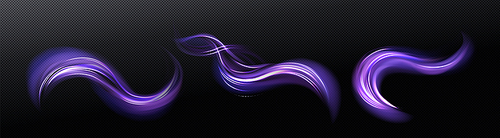 Neon magic glowing swirl, wind effect purple twirl with blue shine. Swirl of wand spell . Magician, wizard or fairy light, shiny trace isolated on black background Realistic 3d Vector illustration