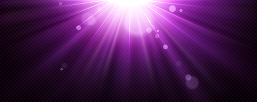 Light background with purple beams and flare effect glow on transparent layout. Abstract magic, spotlight or sun shine template for advertising. Stardust explosion Realistic 3d vector illustration