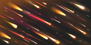 Meteor rain in cosmos, with star dust effect, comets shooting in galaxy or deep space. Fireballs falling with glowing trails. Meteorites on transparent background, Realistic 3d vector illustration
