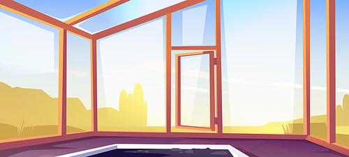 Greenhouse empty interior with glass walls, windows, roof and stone floor. Winter garden, orangery, hothouse cartoon background, place for growing flowers and plants inside view, Vector illustration