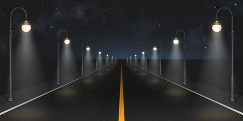 Night road with street lamps perspective view. Empty highway with glowing lanterns under dark starry sky. Megapolis infrastructure with modern illumination Realistic 3d vector illustration, background